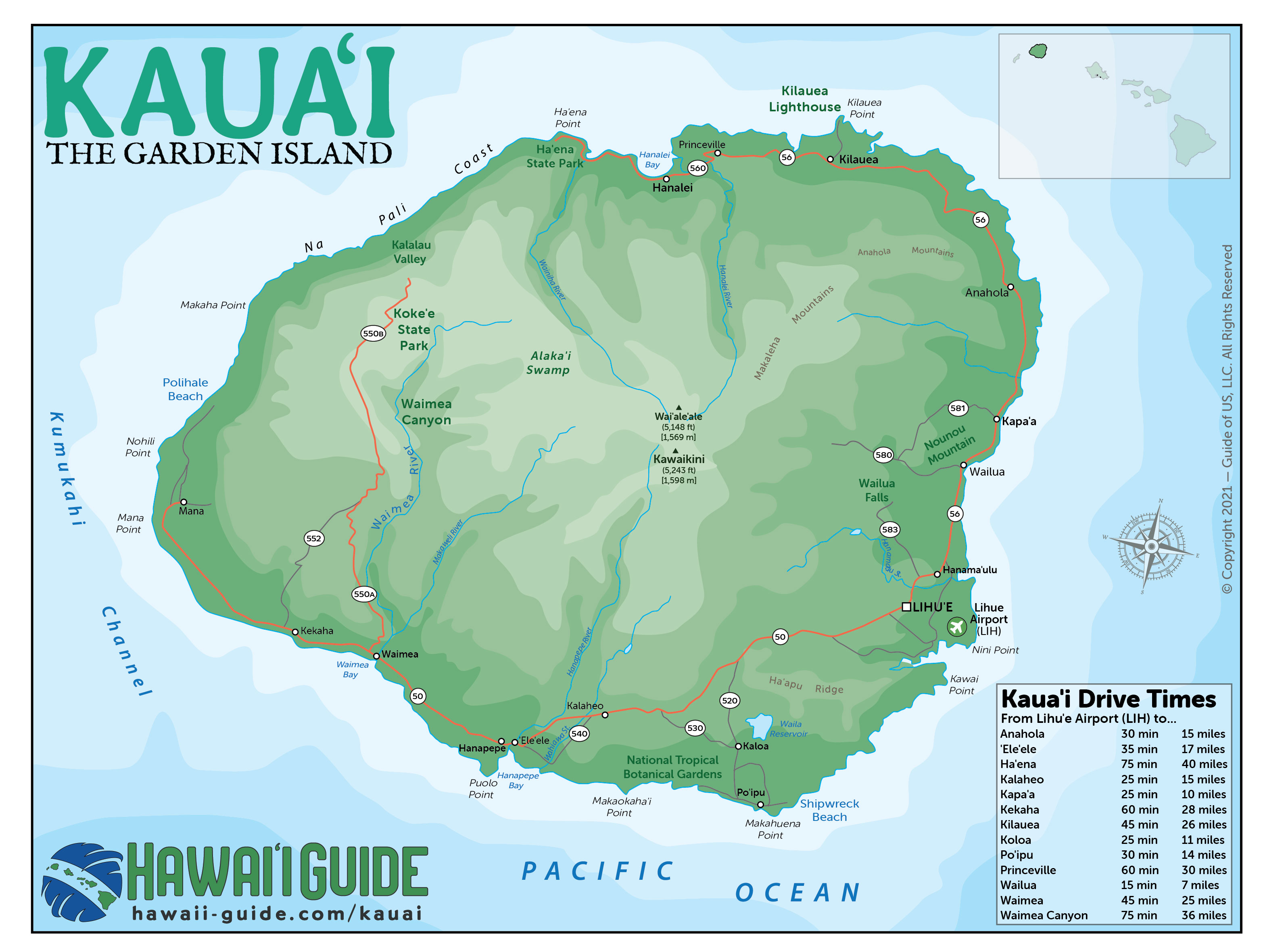 Kauai Hawaii Maps Travel Road Map of Kauai