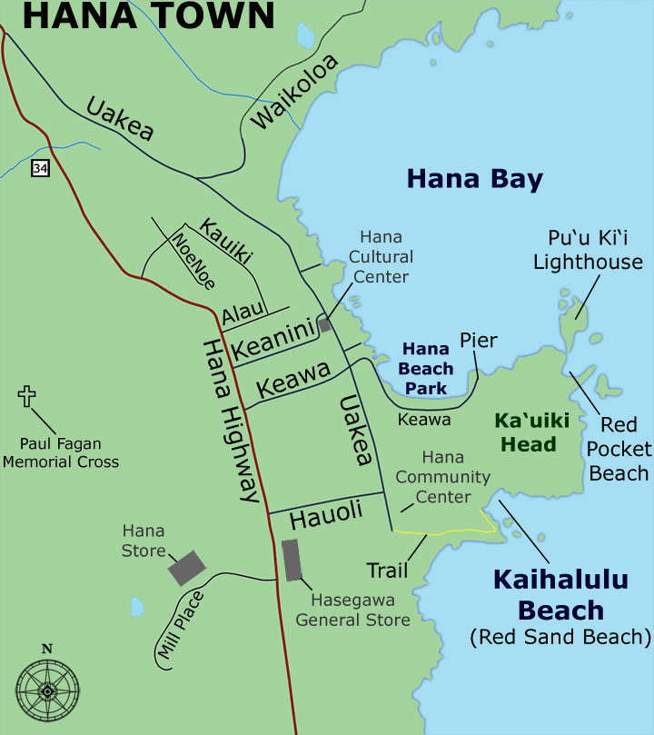 Hana Town - Red Sand Beach Map