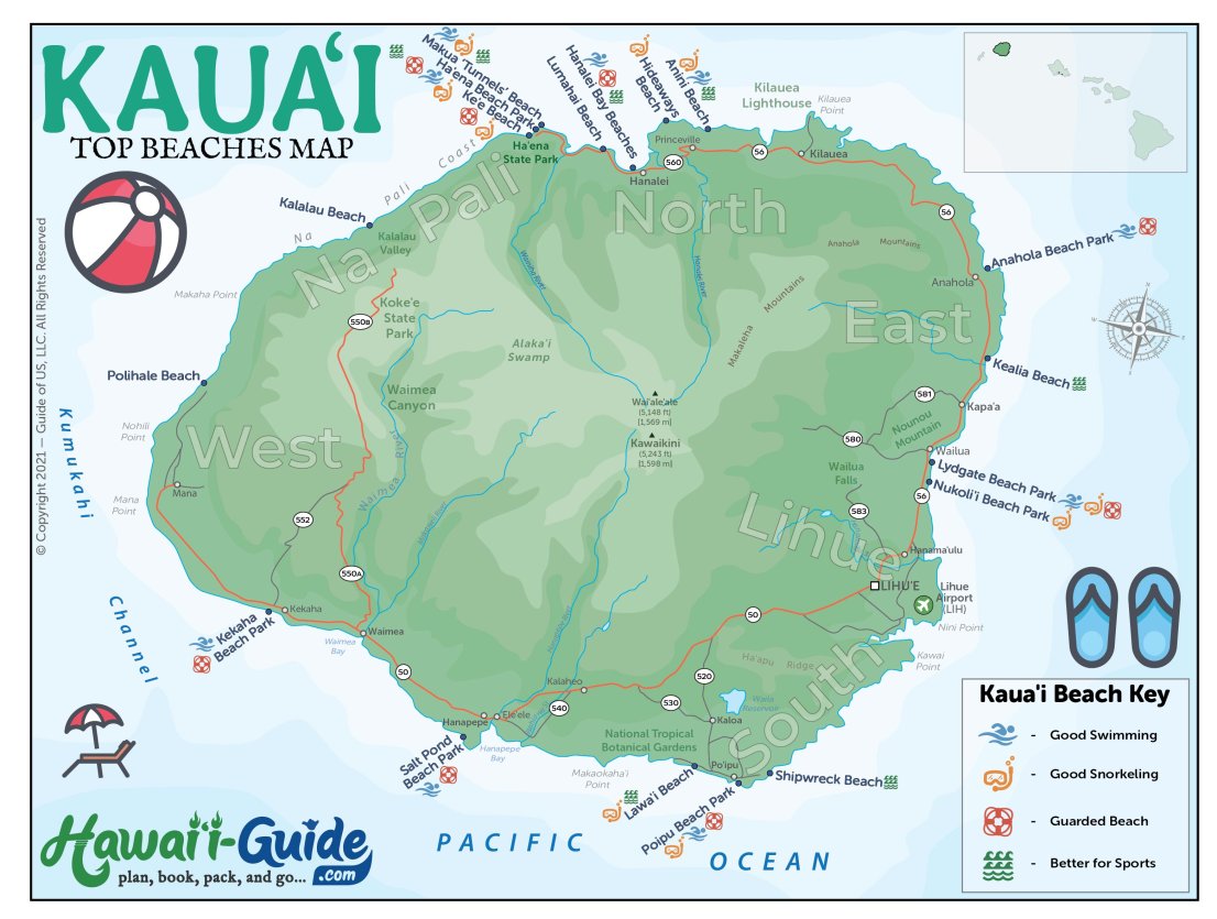 Kauai Top Beaches Map